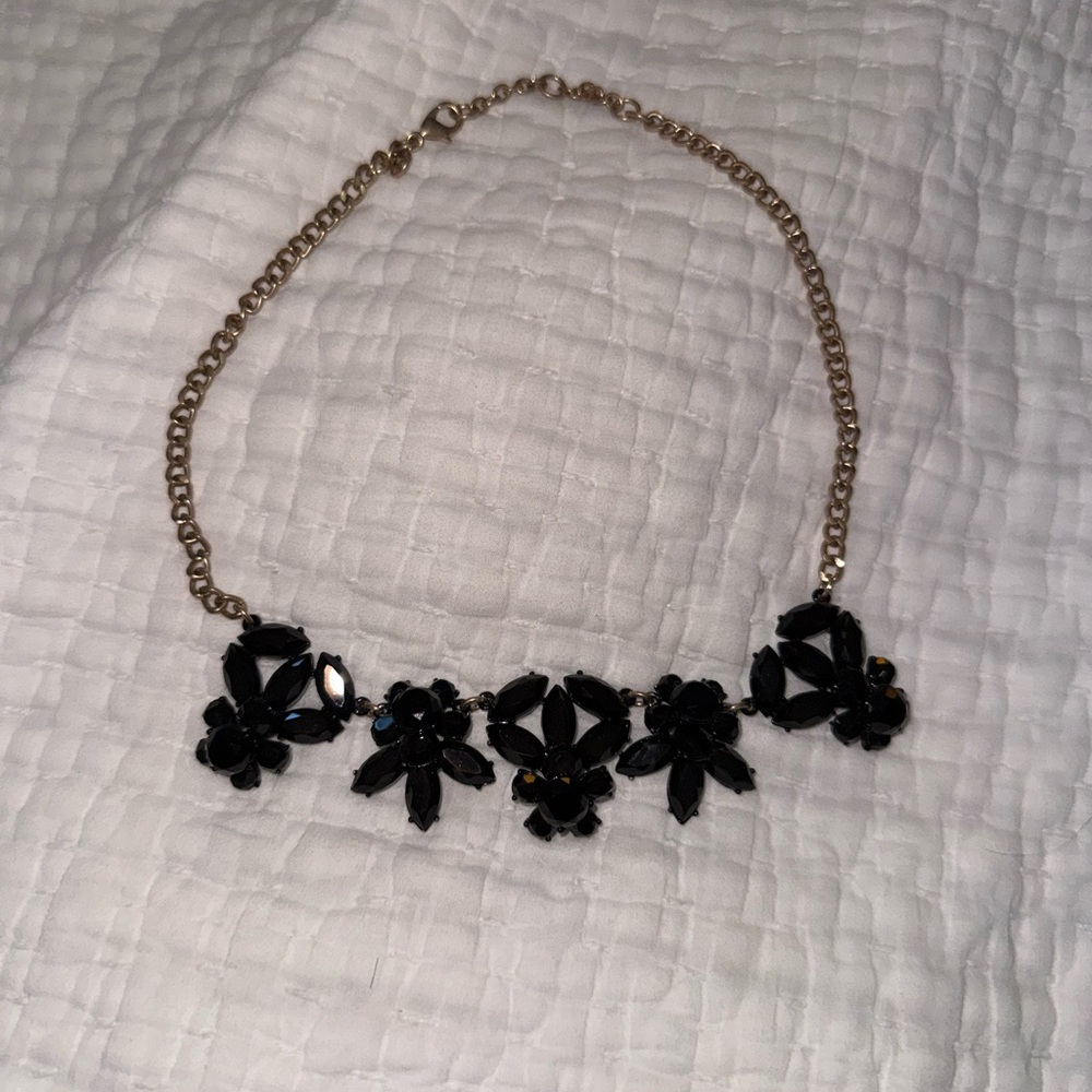 J. Crew Black Floral Statement Necklace with Gold Chain